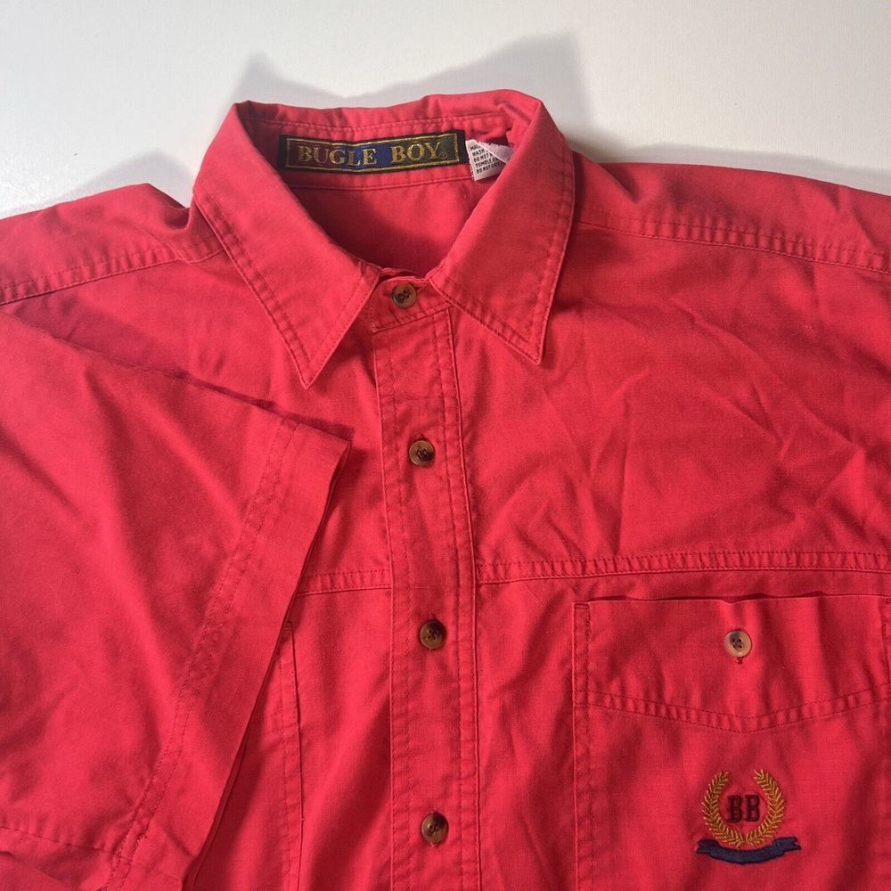 Vintage Bugle‎ Boy Mens L Red Short Sleeve Button Front Shirt Logo Embroidered